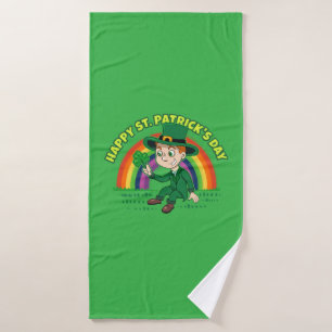 Cute cartoon leprechaun with shamrock and rainbow bath towel