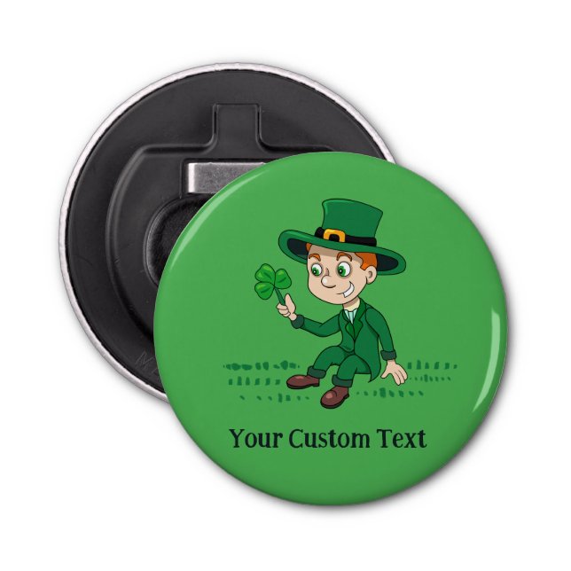 Cute cartoon leprechaun with shamrock and rainbow bottle opener (Front)