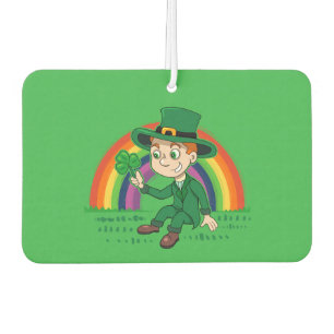 Cute cartoon leprechaun with shamrock and rainbow car air freshener