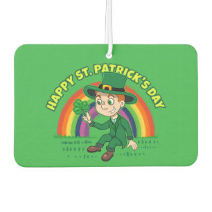 Cute cartoon leprechaun with shamrock and rainbow car air freshener
