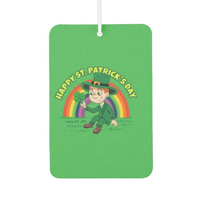 Cute cartoon leprechaun with shamrock and rainbow car air freshener (Front)