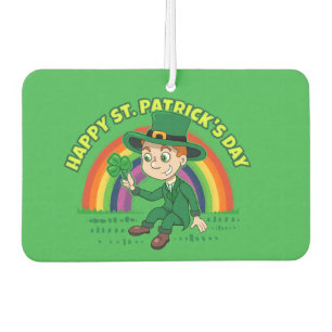 Cute cartoon leprechaun with shamrock and rainbow car air freshener