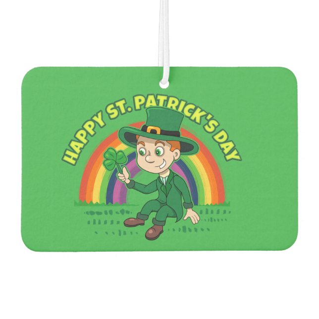 Cute cartoon leprechaun with shamrock and rainbow car air freshener (Front)
