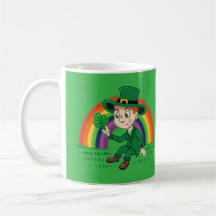 Cute cartoon leprechaun with shamrock and rainbow coffee mug