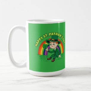 Cute cartoon leprechaun with shamrock and rainbow coffee mug