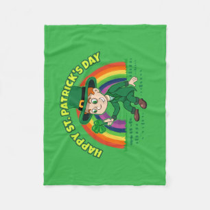 Cute cartoon leprechaun with shamrock and rainbow fleece blanket