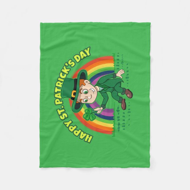 Cute cartoon leprechaun with shamrock and rainbow fleece blanket (Front)