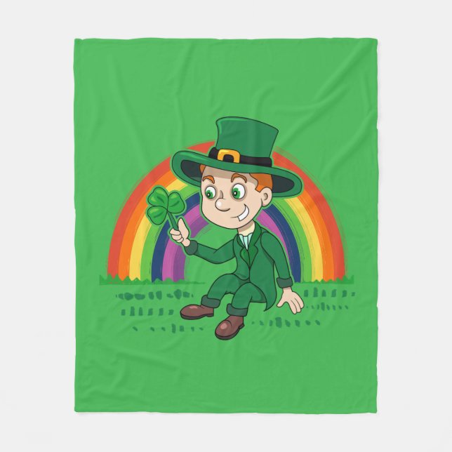 Cute cartoon leprechaun with shamrock and rainbow fleece blanket (Front)
