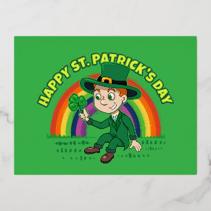 Cute cartoon leprechaun with shamrock and rainbow foil holiday postcard