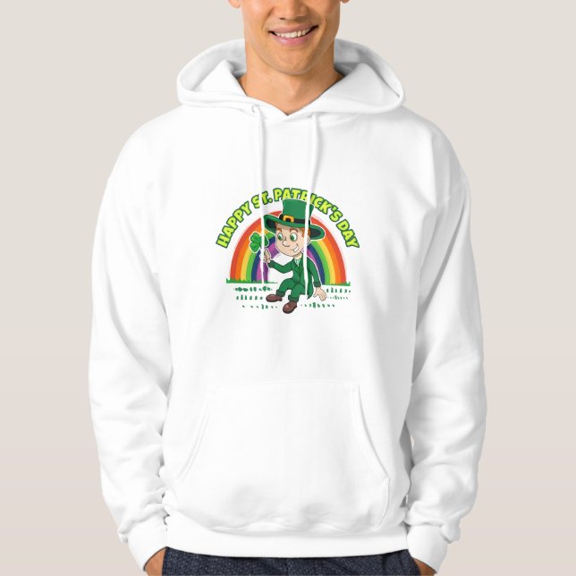 Cute cartoon leprechaun with shamrock and rainbow hoodie (Front)
