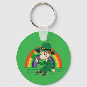Cute cartoon leprechaun with shamrock and rainbow key ring