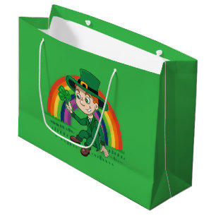 Cute cartoon leprechaun with shamrock and rainbow large gift bag