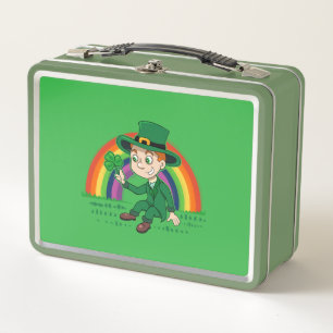Cute cartoon leprechaun with shamrock and rainbow metal lunch box