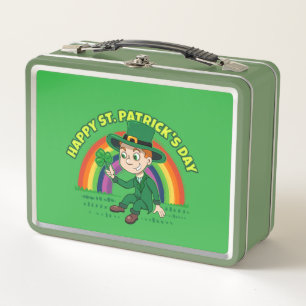 Cute cartoon leprechaun with shamrock and rainbow metal lunch box