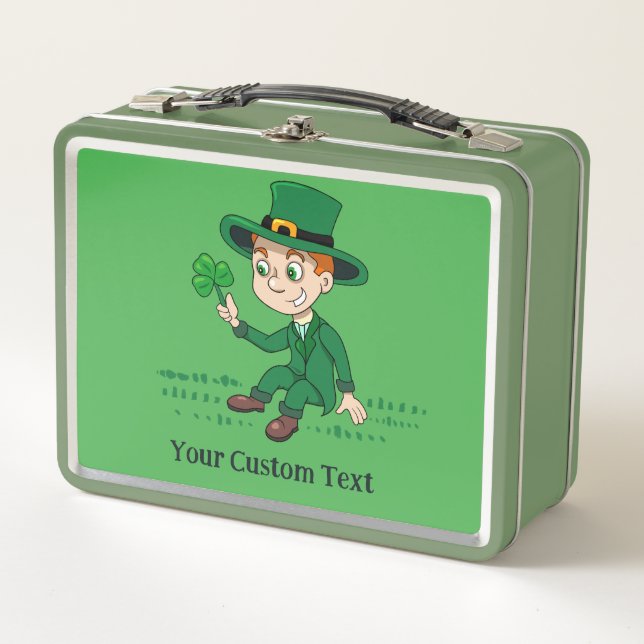 Cute cartoon leprechaun with shamrock and rainbow metal lunch box (Front)