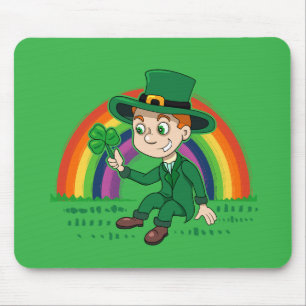 Cute cartoon leprechaun with shamrock and rainbow mouse mat