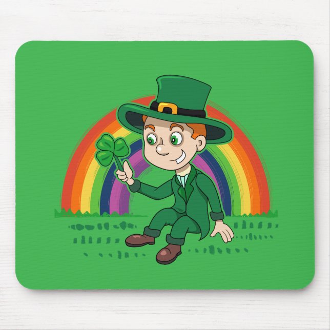 Cute cartoon leprechaun with shamrock and rainbow mouse mat (Front)