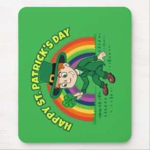 Cute cartoon leprechaun with shamrock and rainbow mouse mat