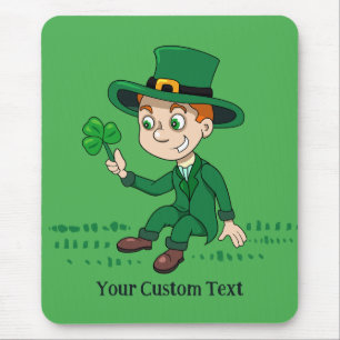 Cute cartoon leprechaun with shamrock and rainbow mouse mat