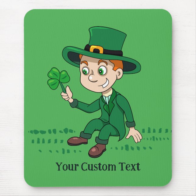Cute cartoon leprechaun with shamrock and rainbow mouse mat (Front)