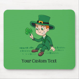 Cute cartoon leprechaun with shamrock and rainbow mouse mat