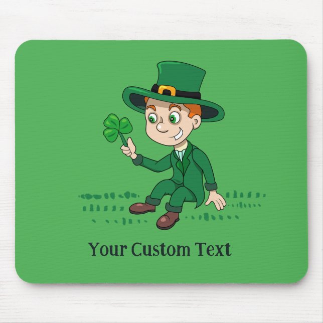 Cute cartoon leprechaun with shamrock and rainbow mouse mat (Front)