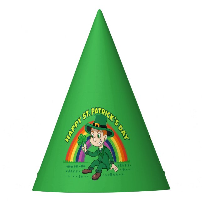 Cute cartoon leprechaun with shamrock and rainbow party hat (Front)