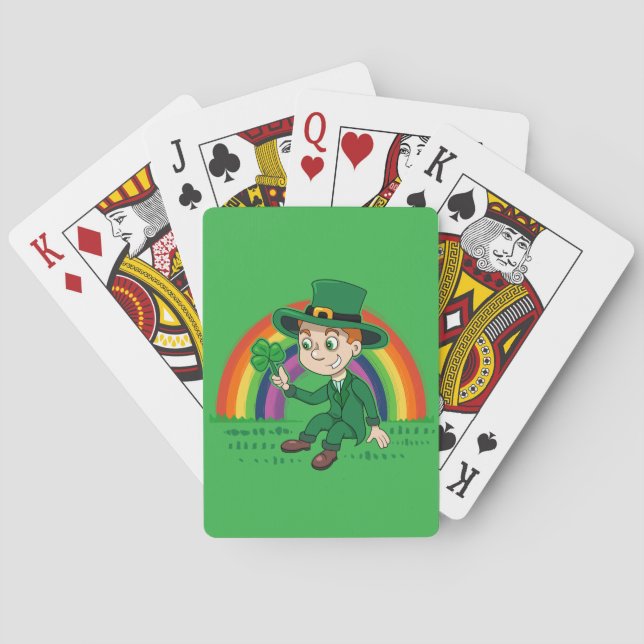 Cute cartoon leprechaun with shamrock and rainbow playing cards (Back)