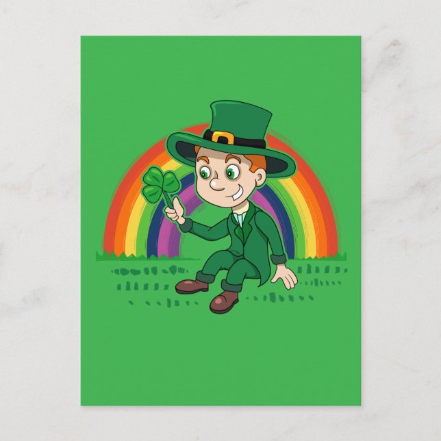 Cute cartoon leprechaun with shamrock and rainbow postcard (Front)