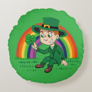 Cute cartoon leprechaun with shamrock and rainbow round cushion