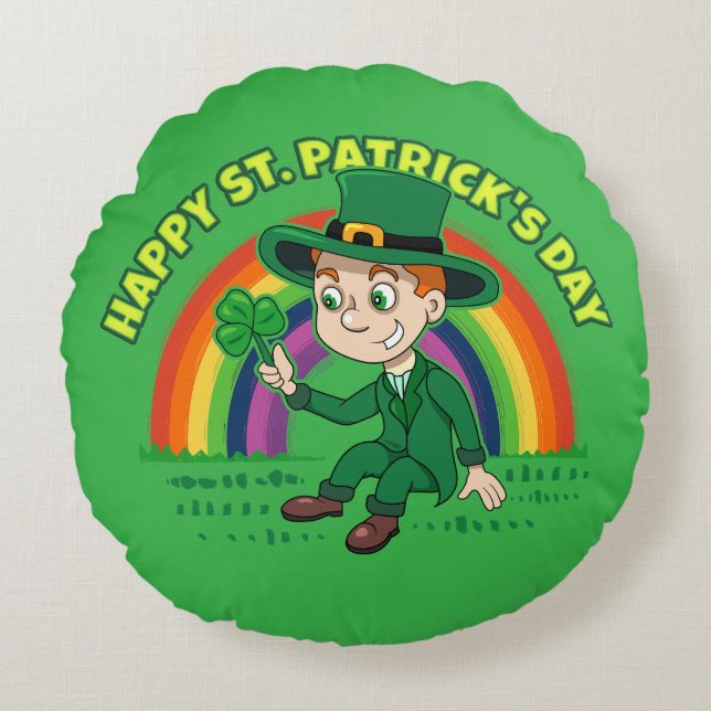 Cute cartoon leprechaun with shamrock and rainbow round cushion (Front)