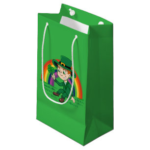 Cute cartoon leprechaun with shamrock and rainbow small gift bag