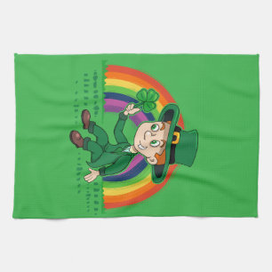 Cute cartoon leprechaun with shamrock and rainbow tea towel