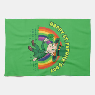 Cute cartoon leprechaun with shamrock and rainbow tea towel