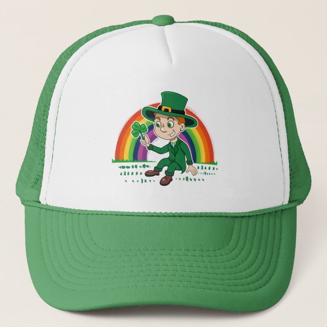 Cute cartoon leprechaun with shamrock and rainbow trucker hat (Front)