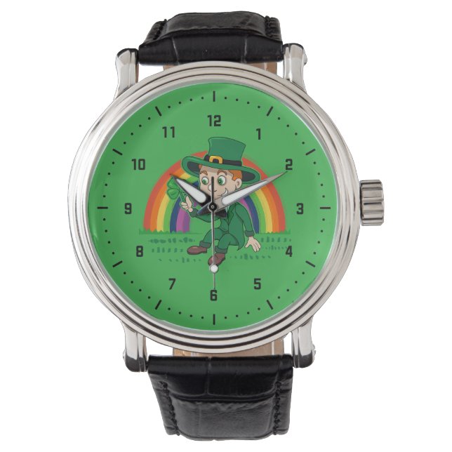 Cute cartoon leprechaun with shamrock and rainbow watch (Front)