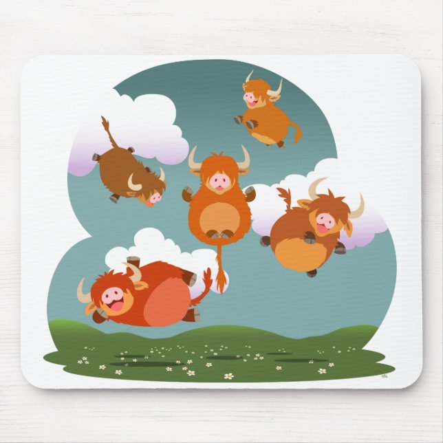 Cute Cartoon Levitating Highland Cows Mousepad (Front)