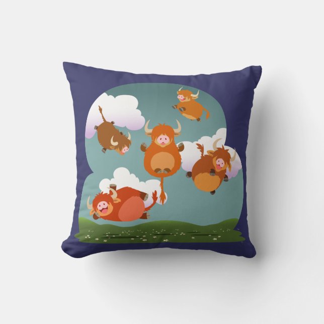 Cute Cartoon Levitating Highland Cows Pillow (Front)