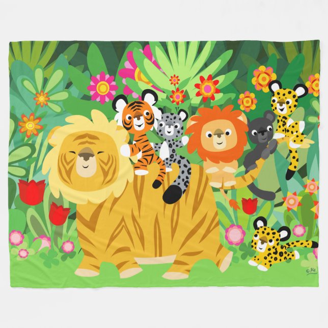 Cute Cartoon Liger and Friends Fleece Blanket (Front (Horizontal))