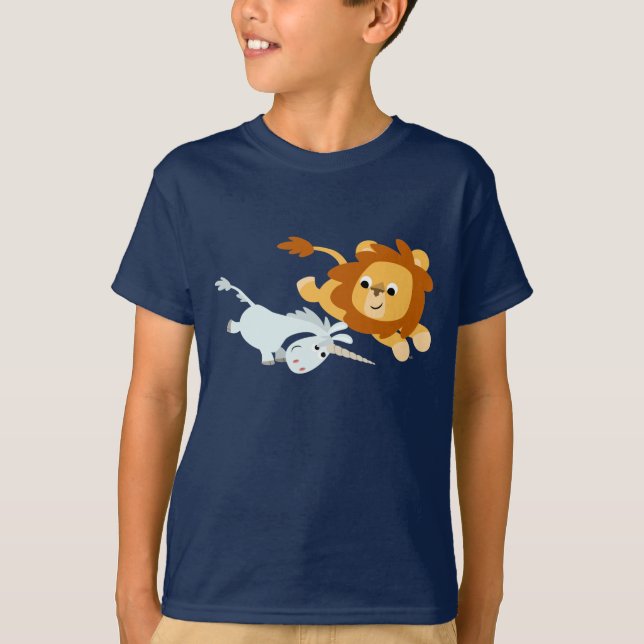 Cute Cartoon Lion and Unicorn Children T-Shirt (Front)