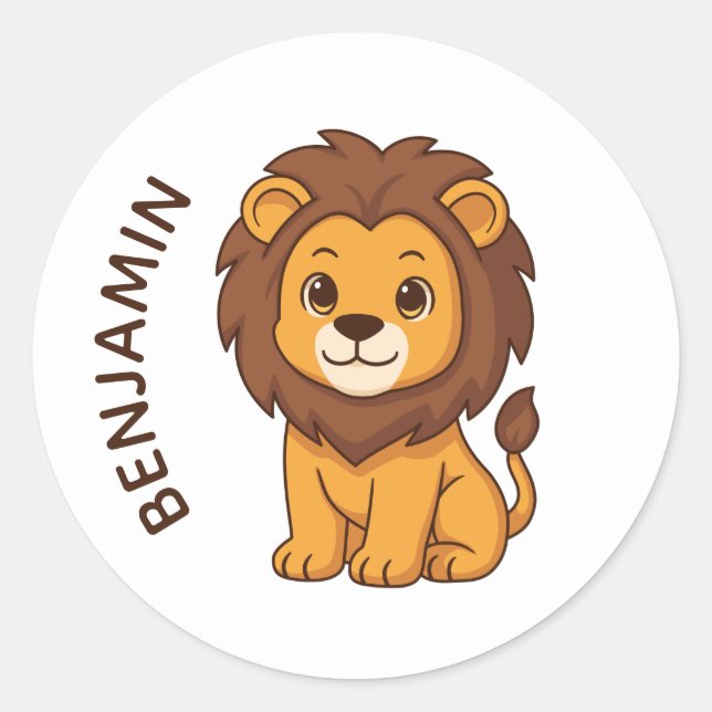 Cute Cartoon Lion Custom Name Classic Round Sticker (Front)