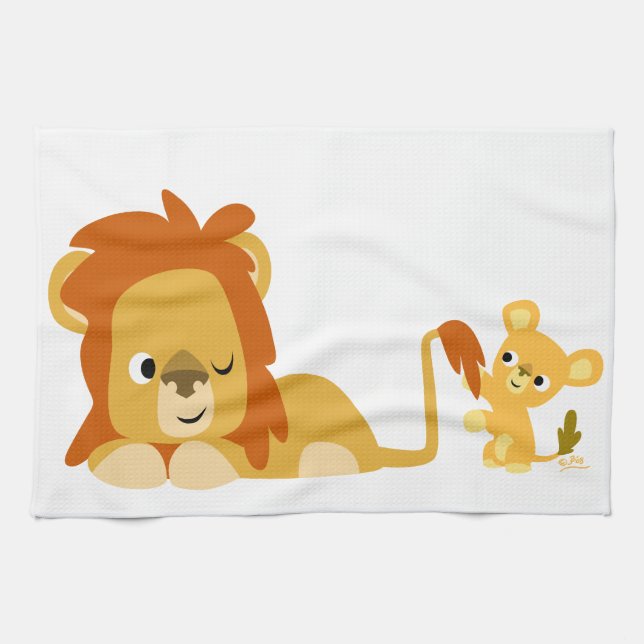 Cute Cartoon Lion Dad and Cub Kitchen Towel (Horizontal)