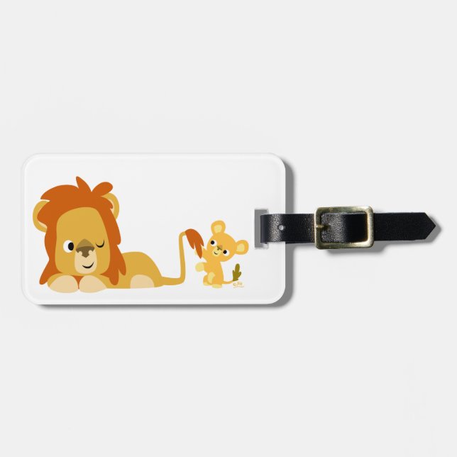 Cute Cartoon Lion Dad and Cub Luggage Tag (Front Horizontal)
