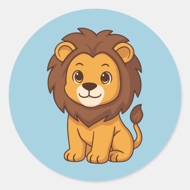 Cute Cartoon Lion on Blue Classic Round Sticker (Front)