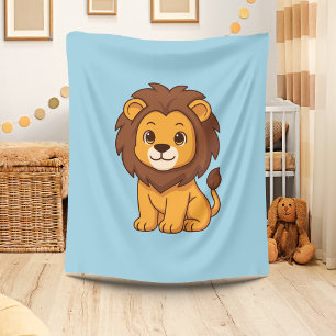 Cute Cartoon Lion on Blue Fleece Blanket