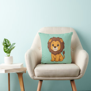 Cute Cartoon Lion on Green Cushion
