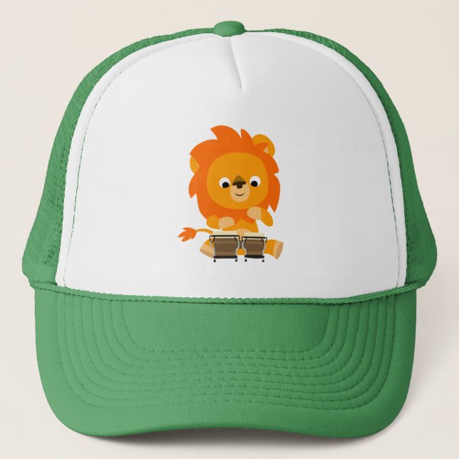 Cute Cartoon Lion Paying Bongos Trucker Hat (Front)