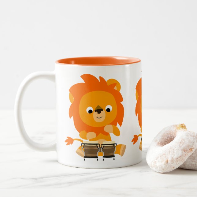 Cute Cartoon Lion Playing Bongos Mug (With Donut)