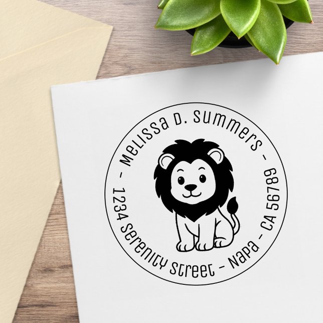 Cute Cartoon Lion Round Address Rubber Stamp (Creator Uploaded)