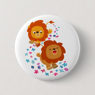 Cute Cartoon Lions In The Garden Button Badge
